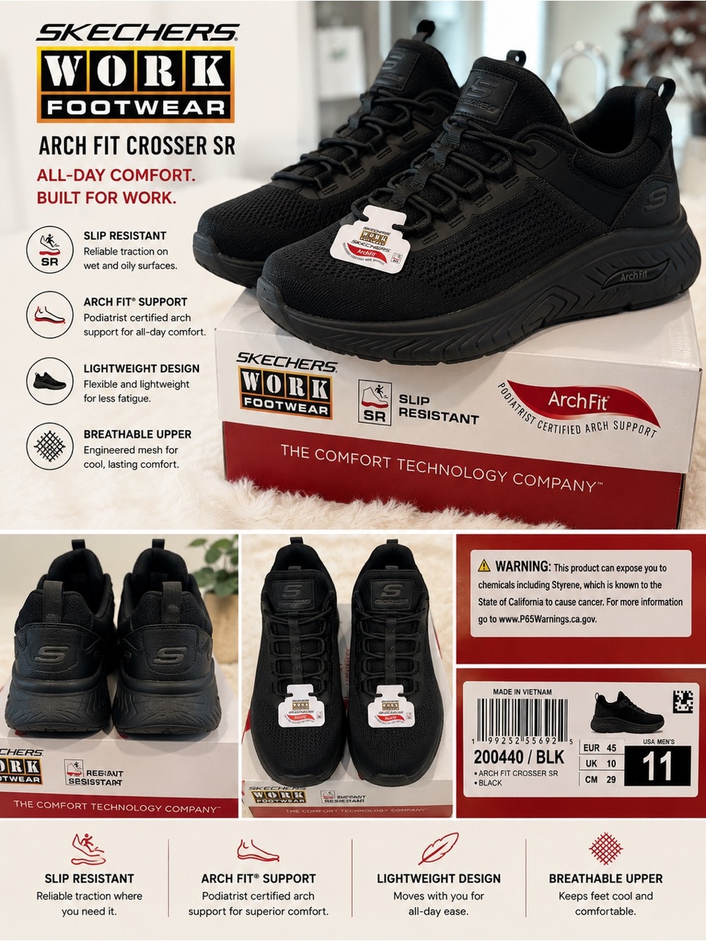 Skechers Arch Fit Crosser SR Men's Black Athletic Work Shoes